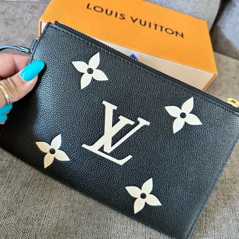 Louis Vuitton Black Clutch with Iconic LV Logo and Decorative Floral Elements